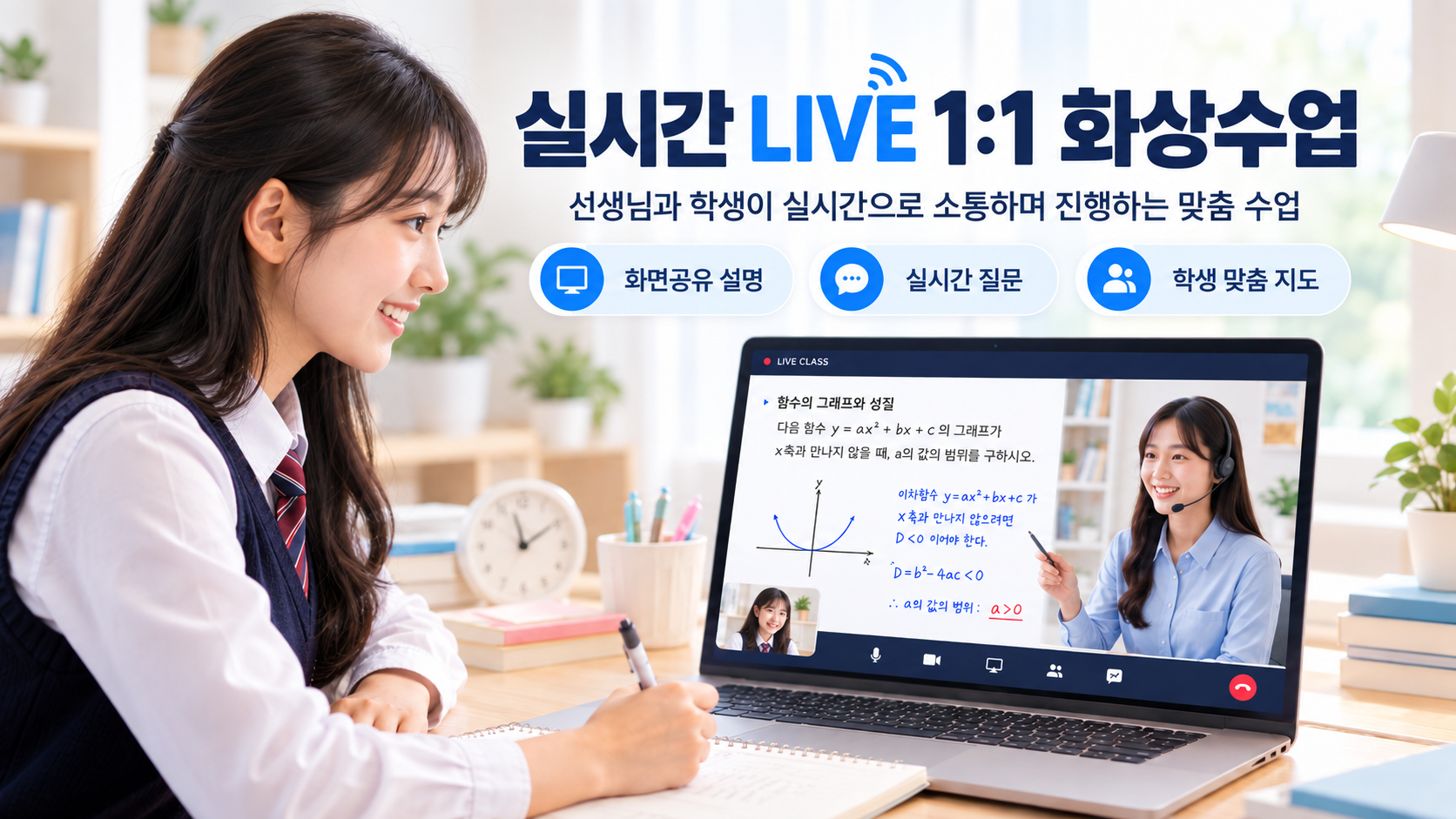 선생님과 학생이 실시간으로 소통하는 1대1 화상과외 수업